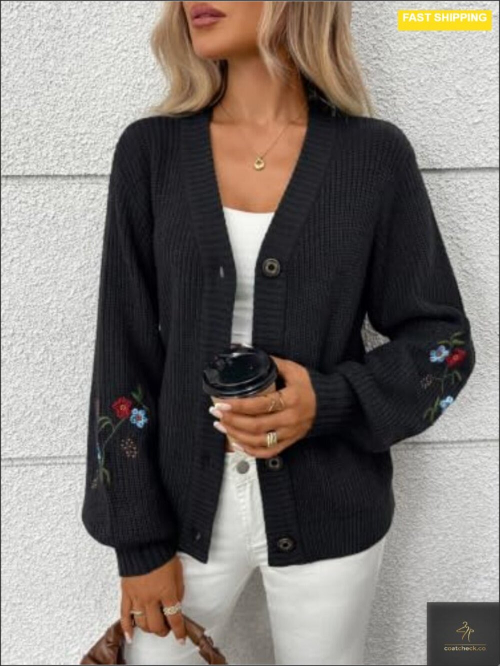 Floral Embroidered V-Neck Cardigan, Long Sleeve Button Down Knit - Picture 3 of 4